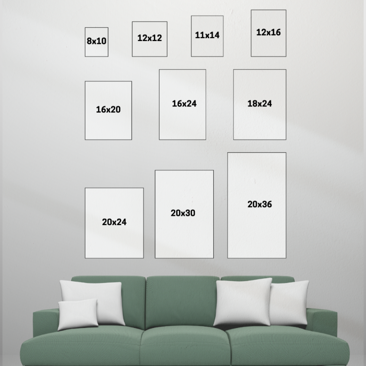Canvas sizes displayed on a wal