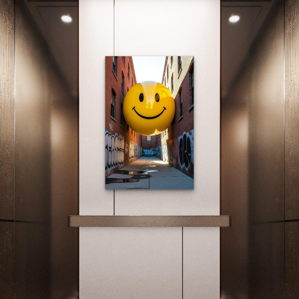 Modern elevator interior with a large smiley face balloon artwork on the wall