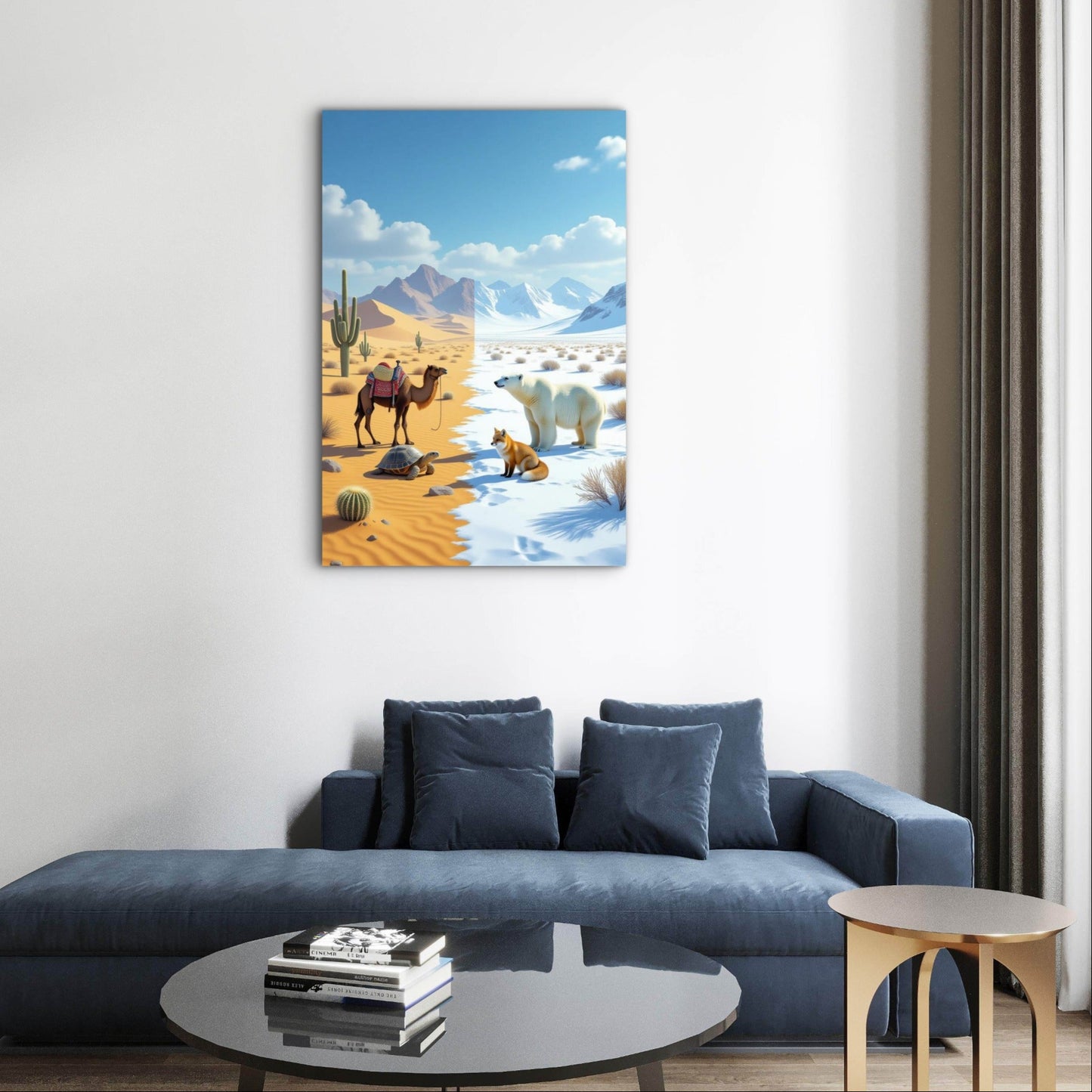 Living room with a blue sofa and a wall art piece depicting a desert and snowy landscape.