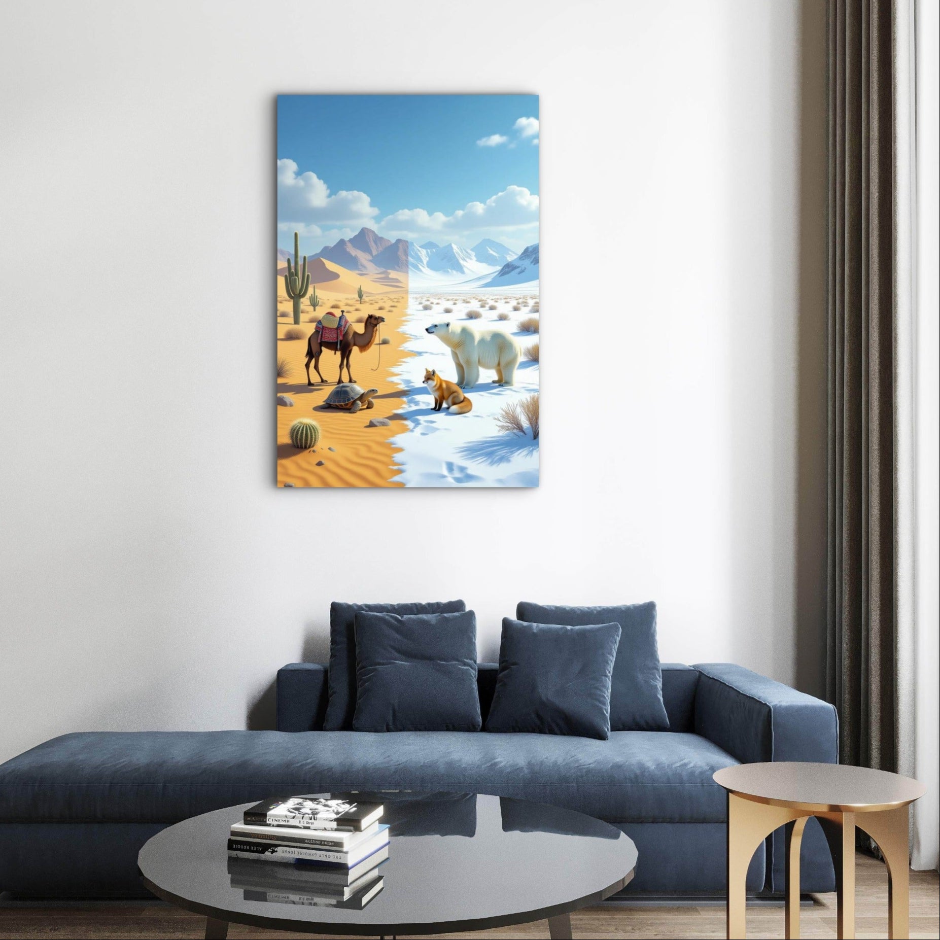 Living room with a blue sofa and a wall art piece depicting a desert and snowy landscape.