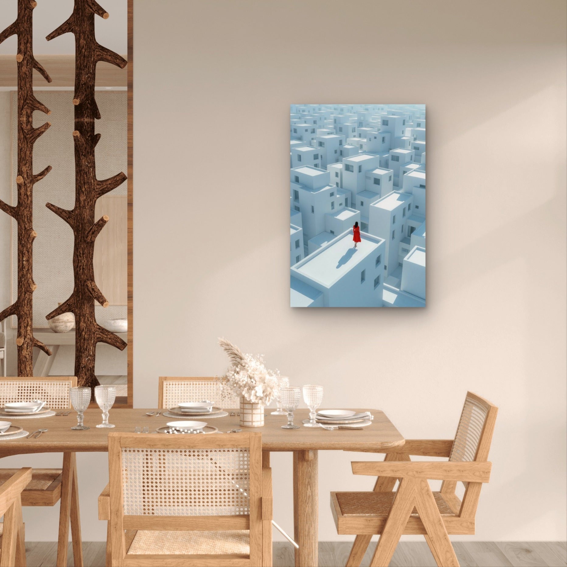 Dining room with a wooden table and chairs, and a wall art piece on a beige wall.