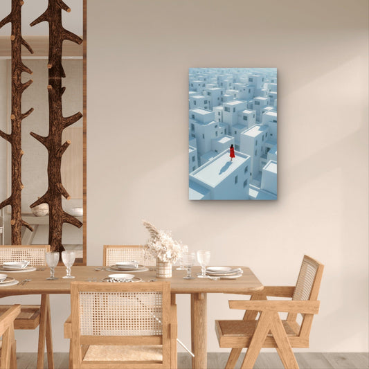Dining room with a wooden table and chairs, and a wall art piece on a beige wall.