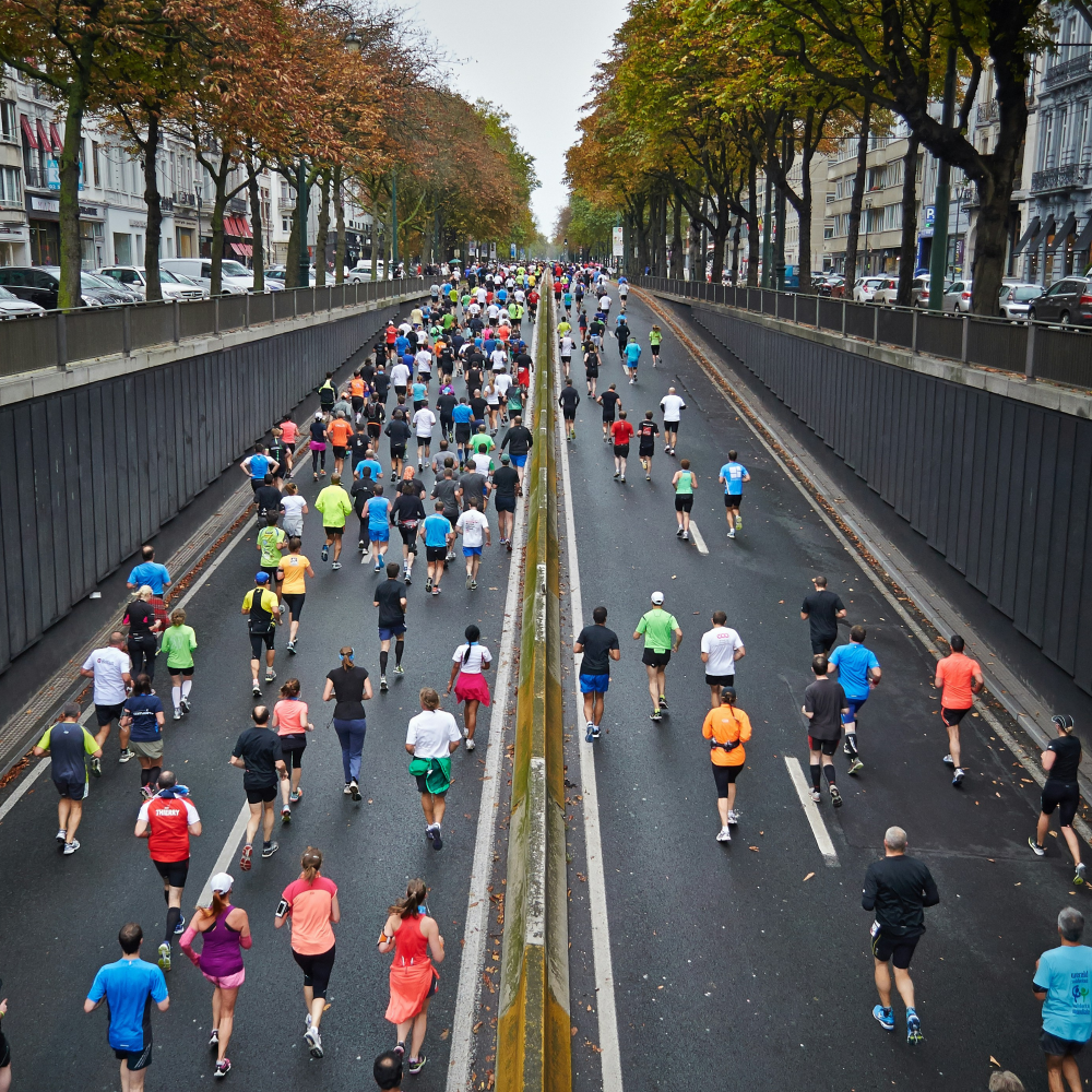 Runners participating in a marathon on a city street lined with trees and buildings.