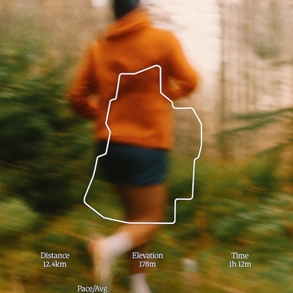 Person running outdoors with fitness tracking information overlay