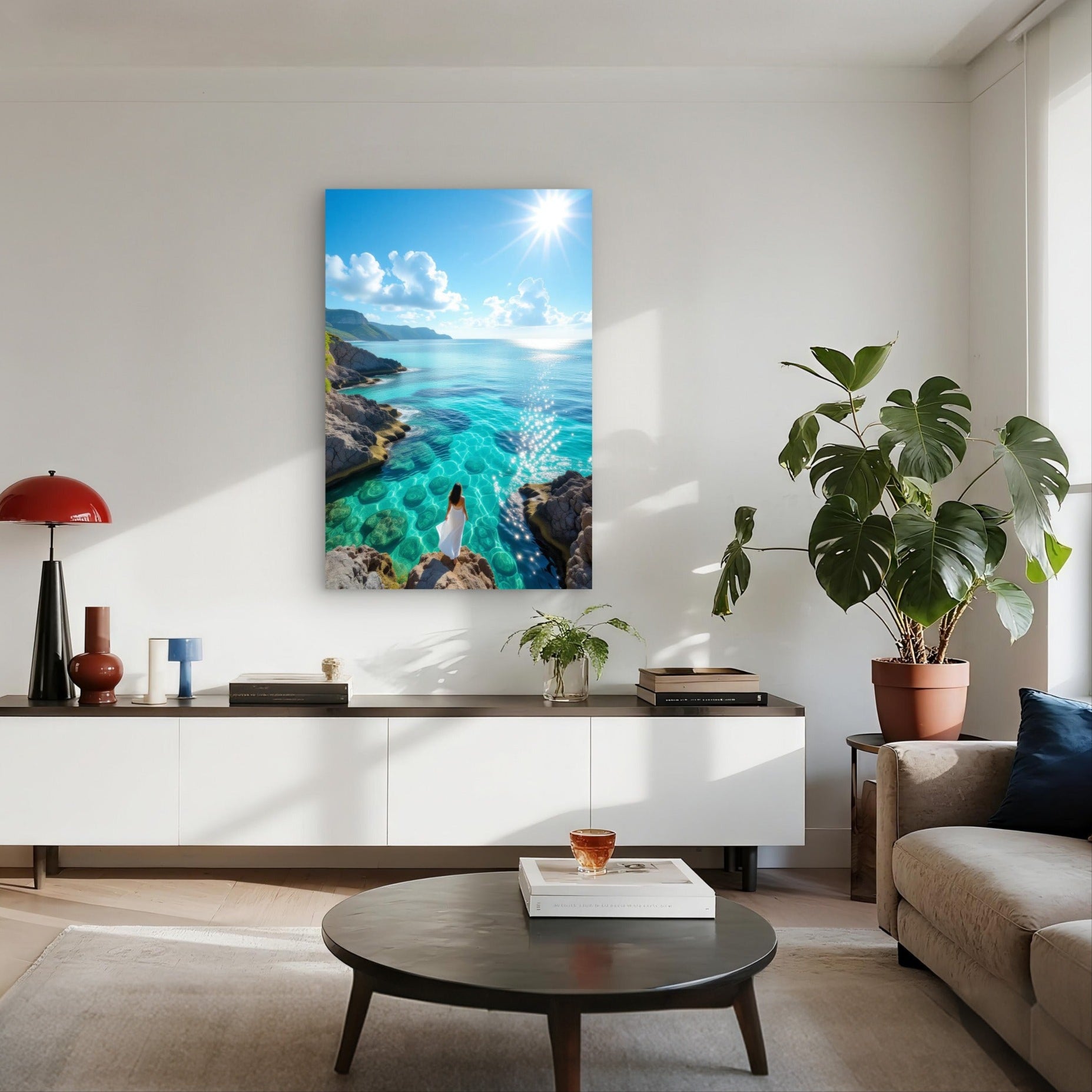 Modern living room with a large wall art piece of a coastal scene.