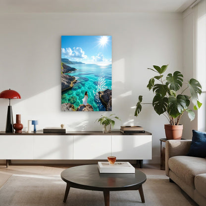 Modern living room with a large wall art piece of a coastal scene.