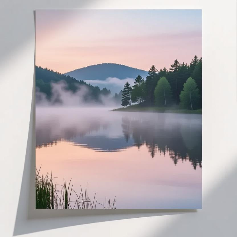 Framed print of a misty lake landscape with trees and mountains.
