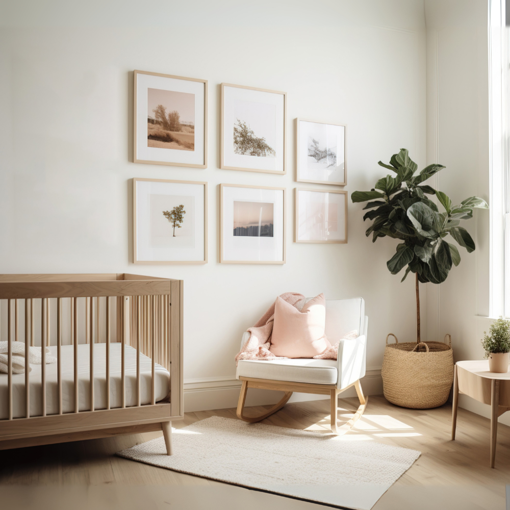 Nursery room with wooden crib, white chair, and framed pictures on the wall.